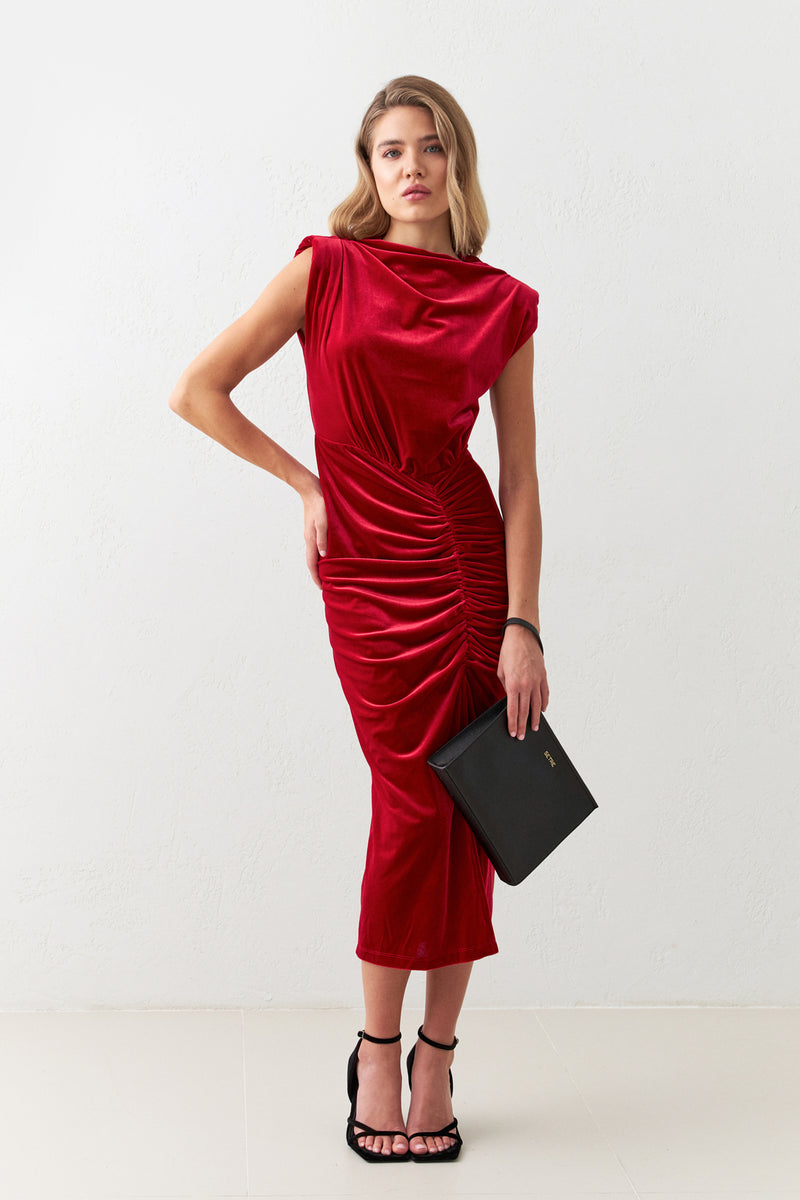 Setre Turtleneck Draped Full Slit Dress Red