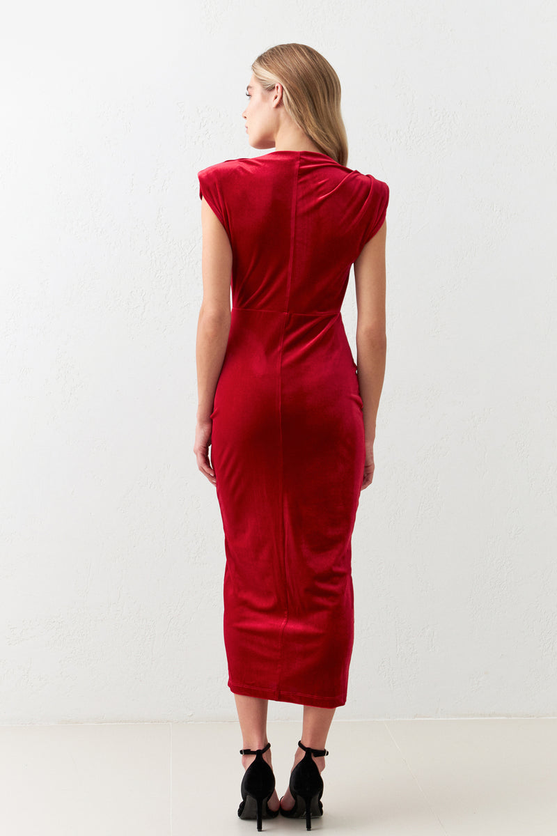 Setre Turtleneck Draped Full Slit Dress Red