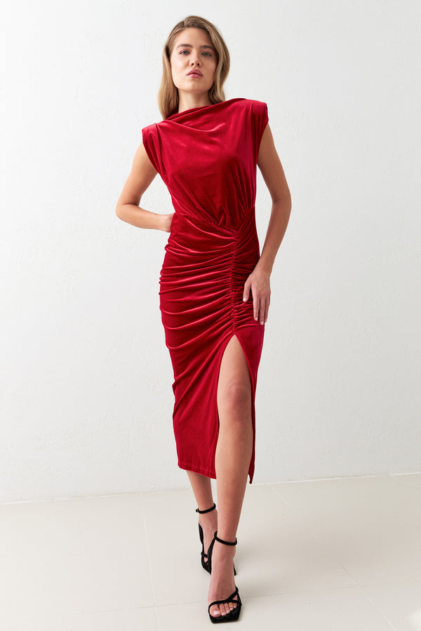 Setre Turtleneck Draped Full Slit Dress Red