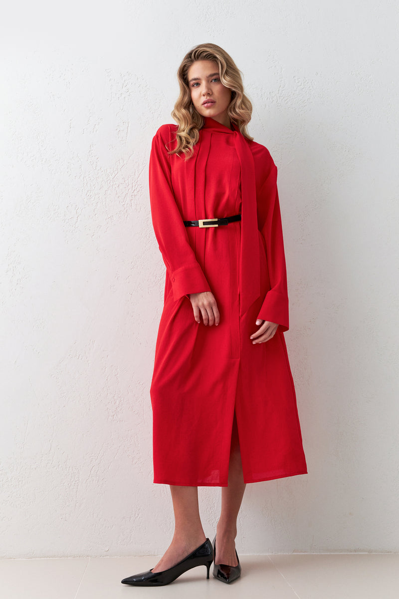 Setre Collar Tie Detail Midi Dress Red