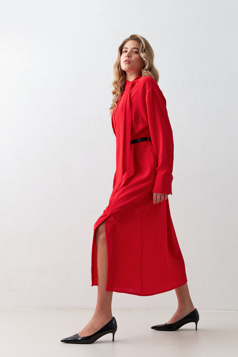 Setre Collar Tie Detail Midi Dress Red