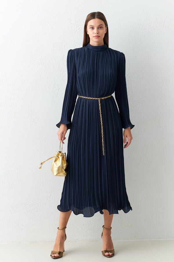 Setre Turtleneck Belt Detailed Midi Full Fit Dress D. Navy