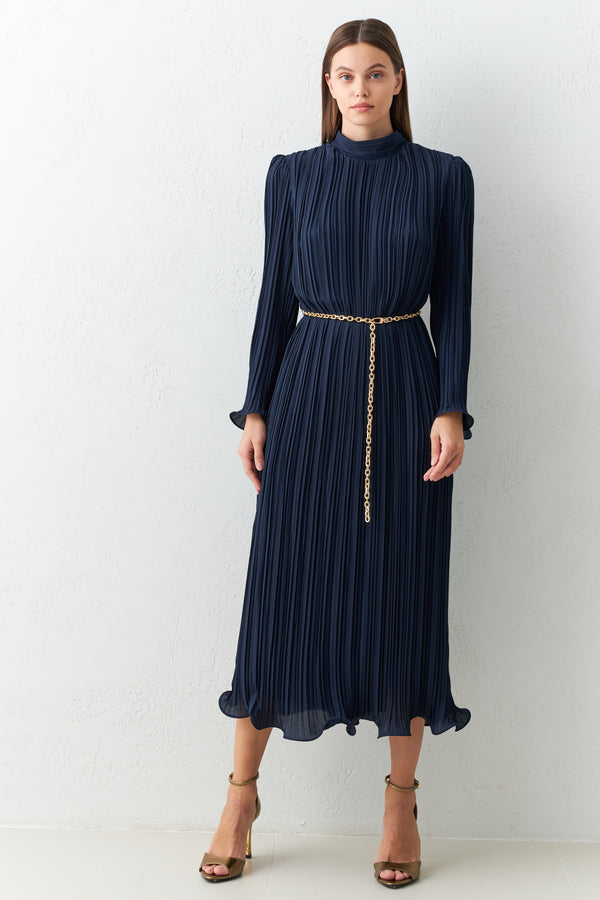 Setre Turtleneck Belt Detailed Midi Full Fit Dress D. Navy