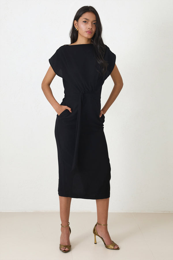 Setre Draped Detail Midi Dress Black