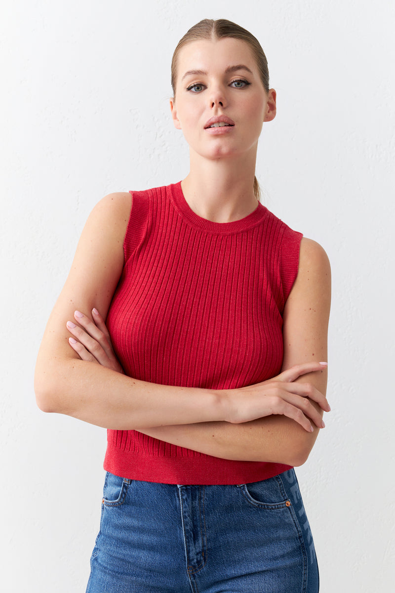 Setre Stripe Detailed Sleeveless Knitwear Red