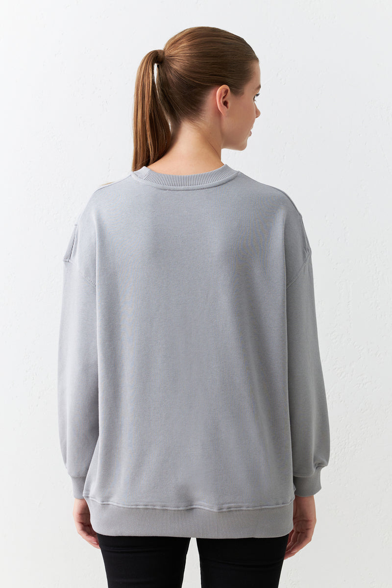 Setre Print And Crew Neck Shoulder Detailed Sweatshirt Grey