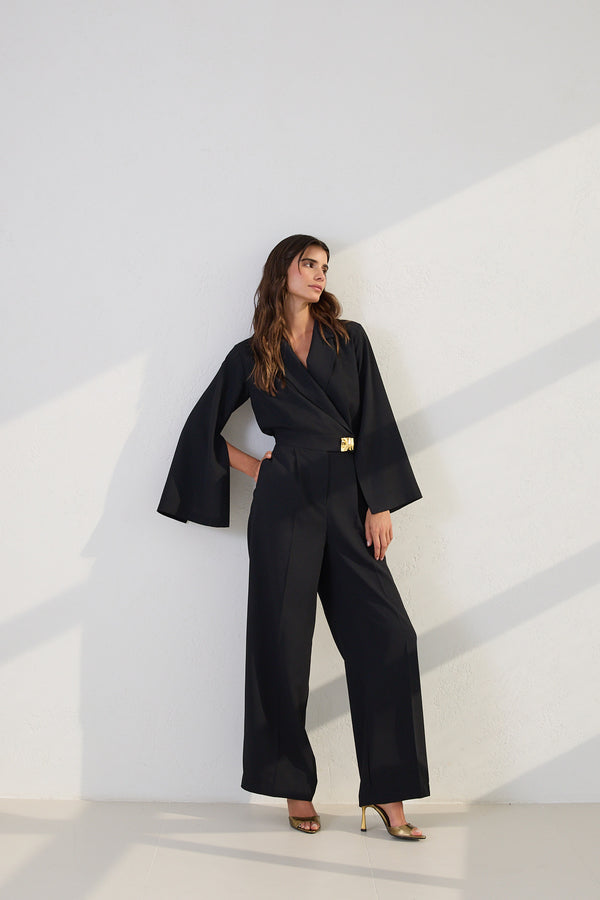 Setre Sleeve Detailed Waist Belted Jumpsuit Black