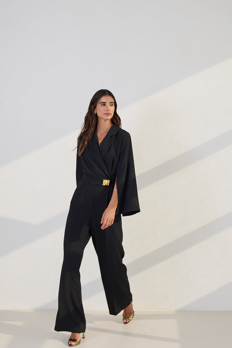 Setre Sleeve Detailed Waist Belted Jumpsuit Black