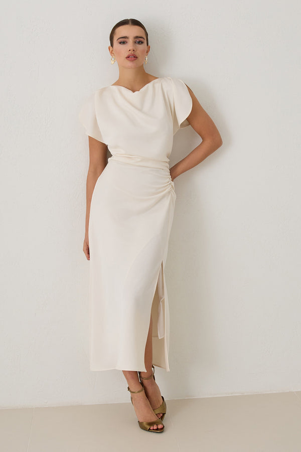 Setre Side Gather Detailed Waist Fitted Dress Cream