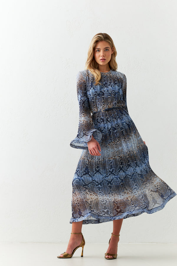 Setre Waist Belted Patterned Long Sleeve Midi Dress Blue