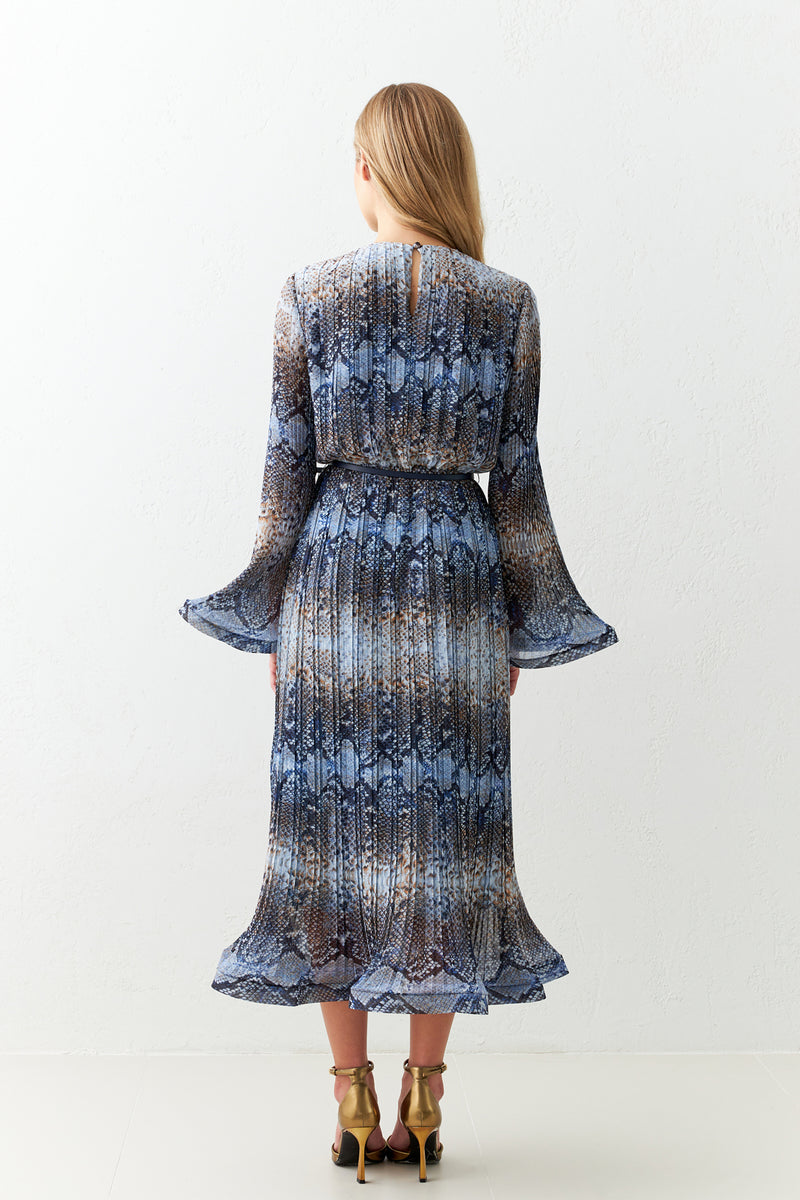 Setre Waist Belted Patterned Long Sleeve Midi Dress Blue