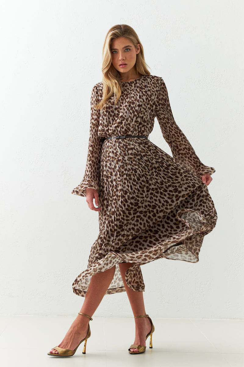 Setre Midi Patterned Dress With Pleats And Sleeve Detail Brown