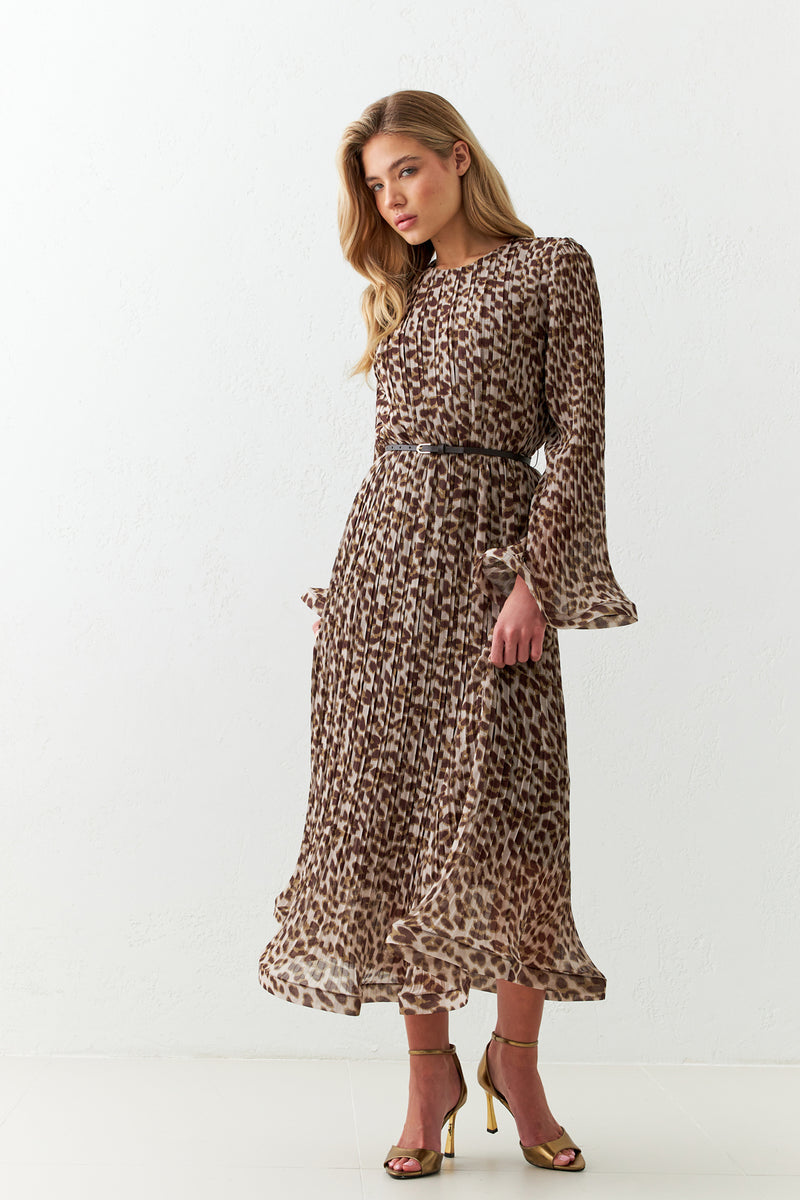 Setre Midi Patterned Dress With Pleats And Sleeve Detail Brown