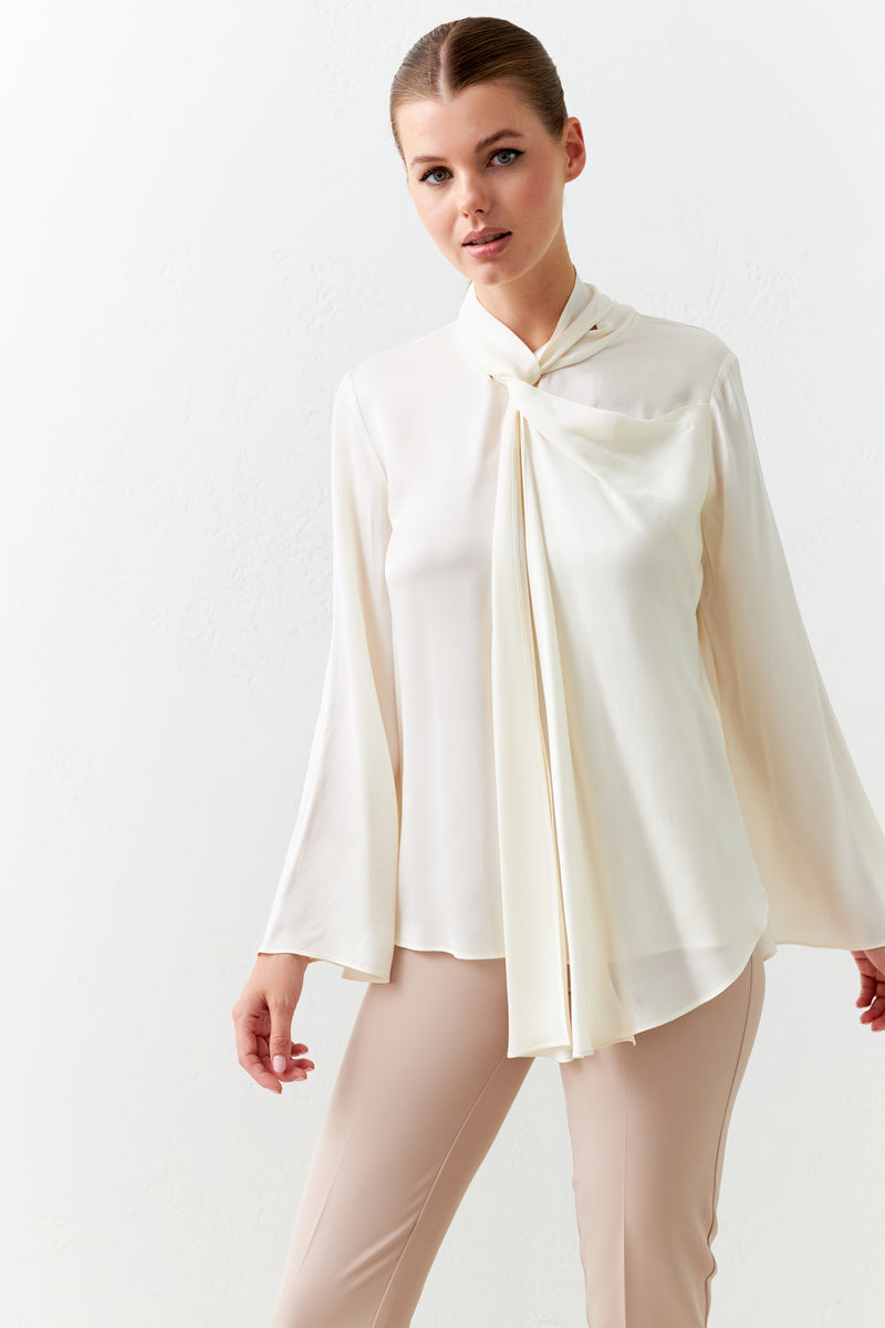 Setre Asymmetrical Neck Detailed Long Sleeve Blouse Ecru