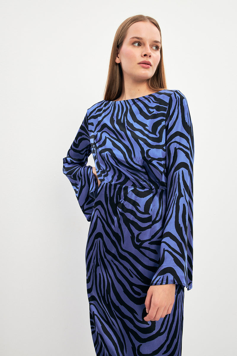 Setre Waist Detailed Patterned Dress Blue-Black