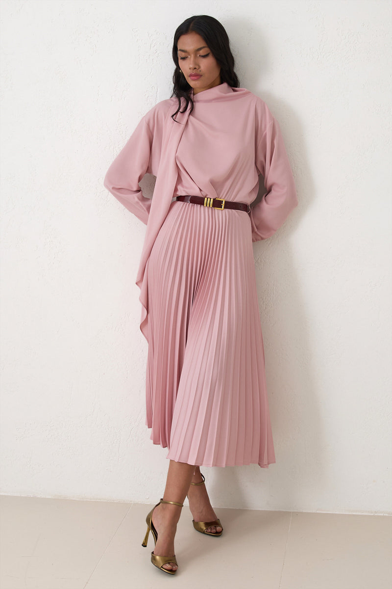 Setre Belt Detailed Pleated Midi Dress Powder Pink