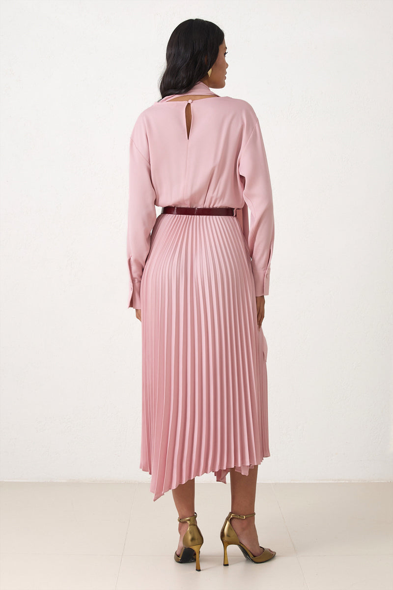 Setre Belt Detailed Pleated Midi Dress Powder Pink