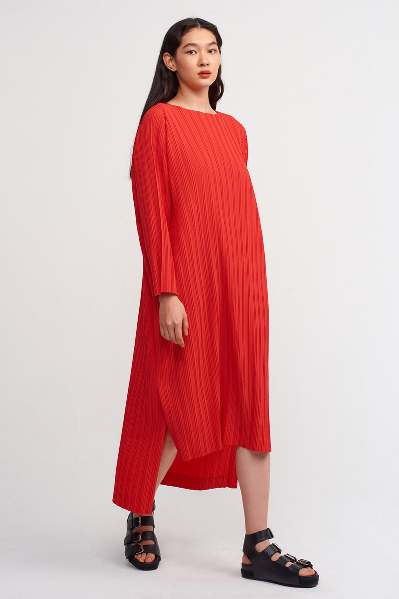 Nu Allover Pleated Midi Dress Red