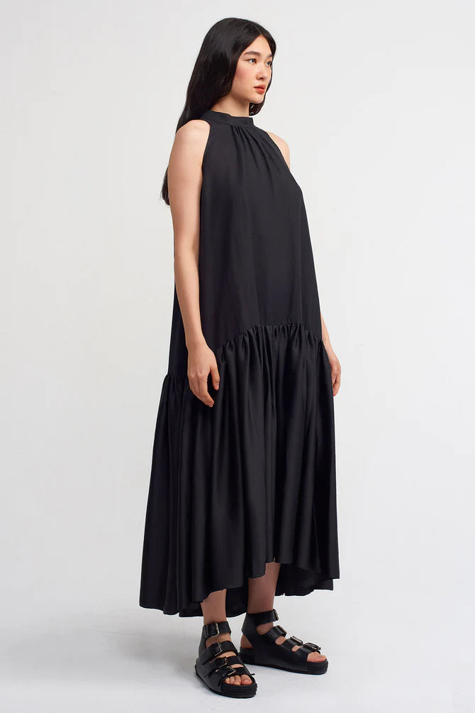 Nu Linen Mix Satin Halter Dress Black