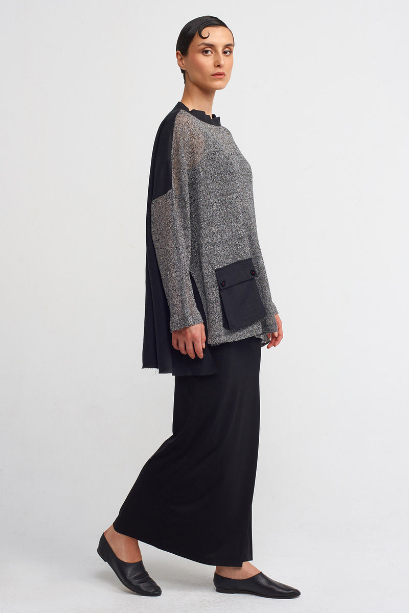 Nu Knit Pocketed Oversized Blouse Black & Grey