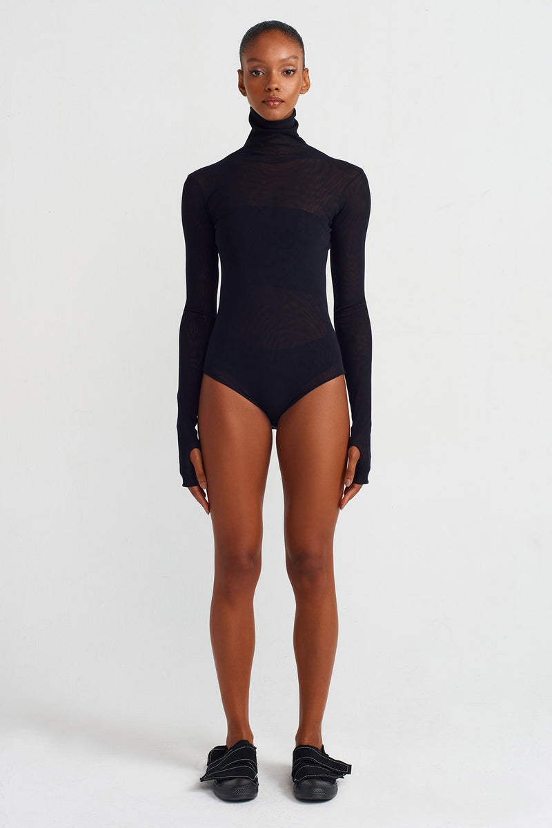 Nu Turtleneck Tulle Bodysuit Black