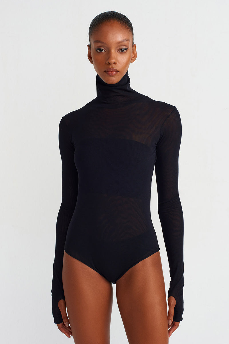 Nu Turtleneck Tulle Bodysuit Black