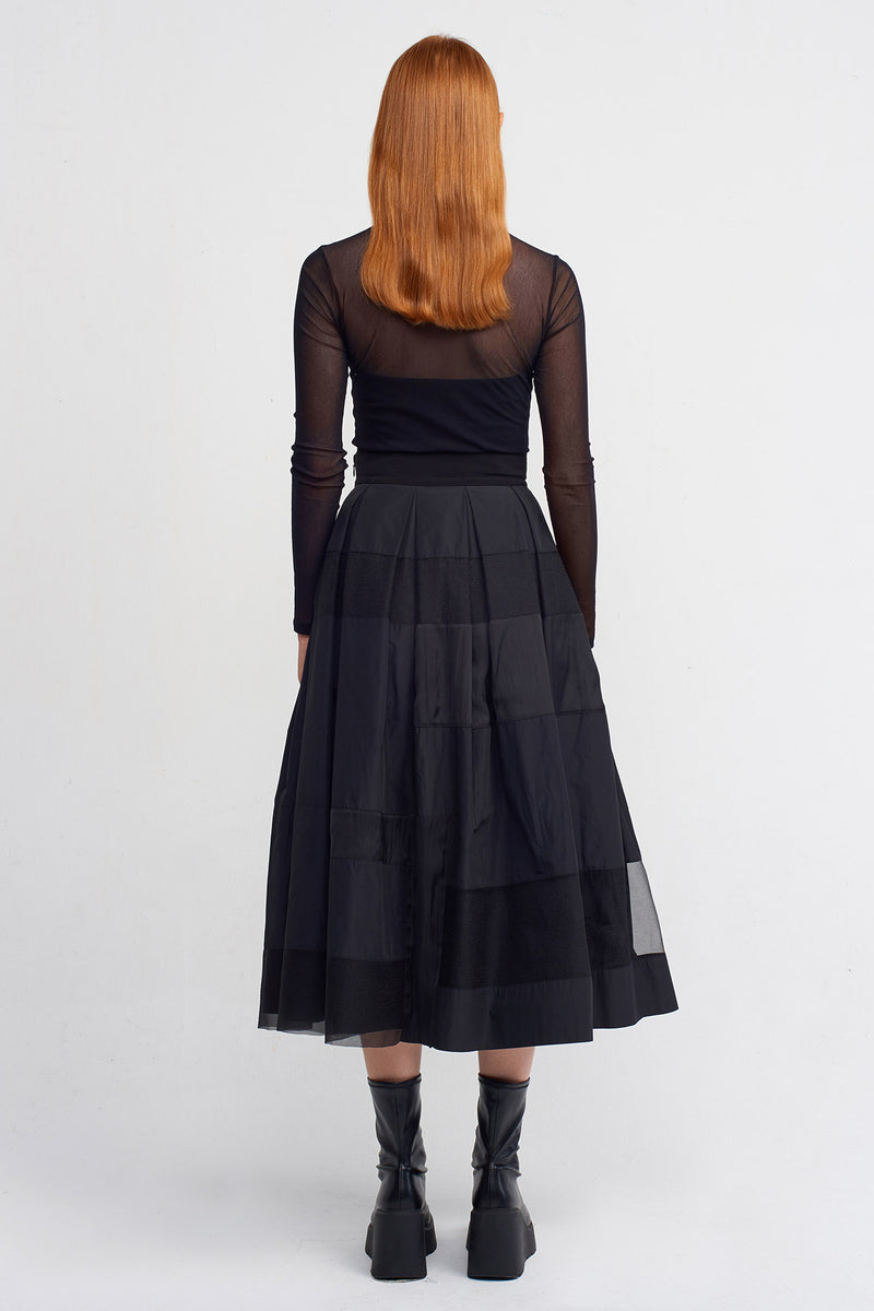 Nu Taffeta And Organza Ribbon Pleated Midi Skirt Black