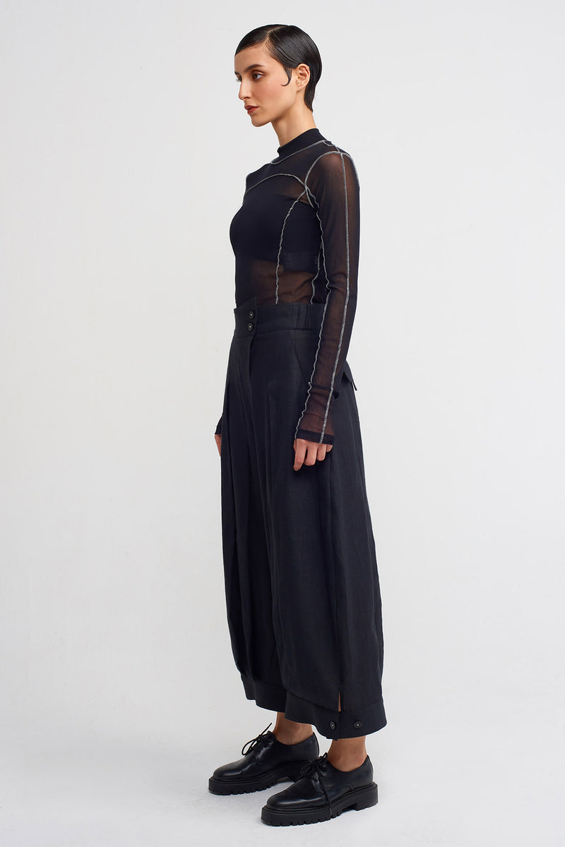 Nu Wrap Closure Wide-Leg Linen Trousers Black