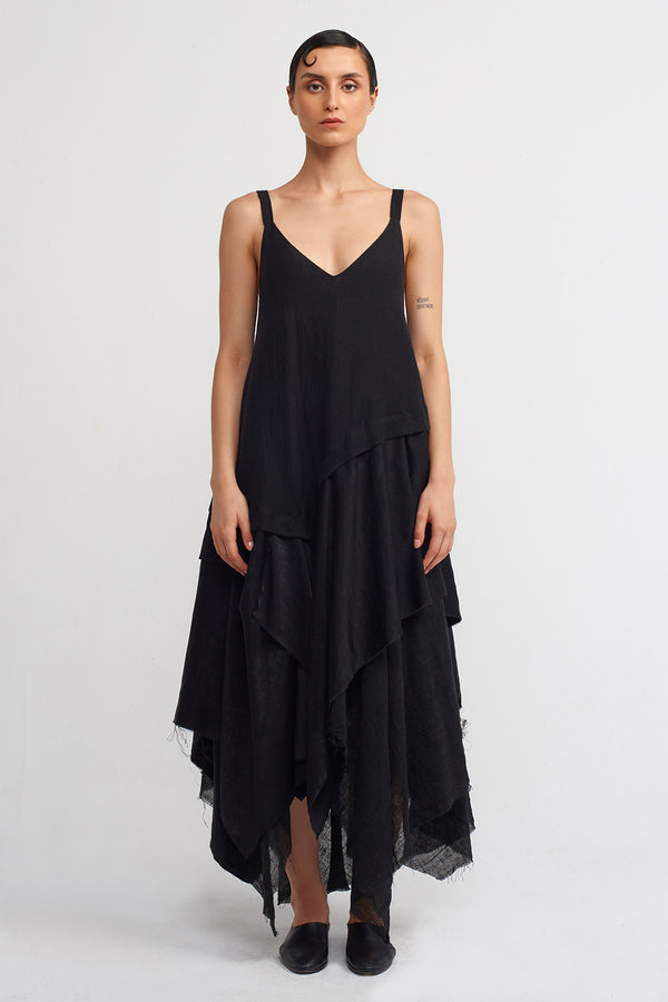 Nu Spaghetti Strap Asymmetric Linen Blend Dress Black