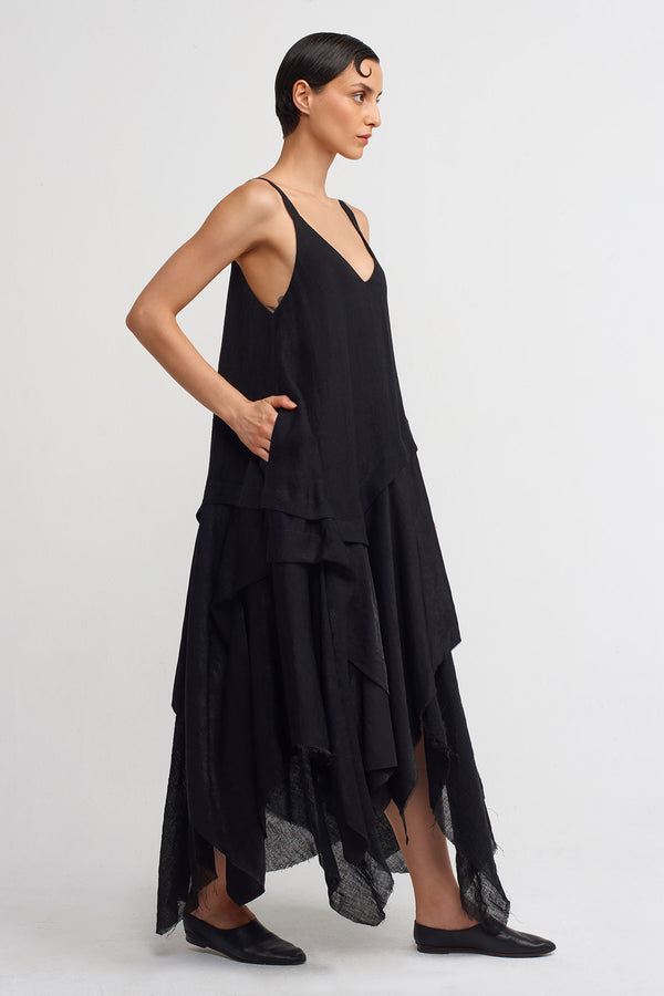 Nu Spaghetti Strap Asymmetric Linen Blend Dress Black