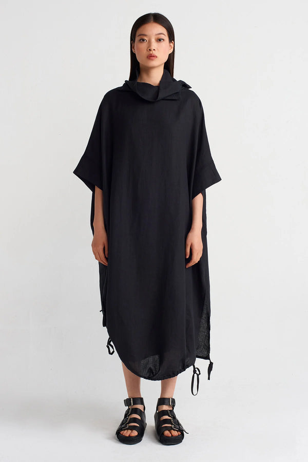 Nu Drawstring Hem Midi Linen Dress Black