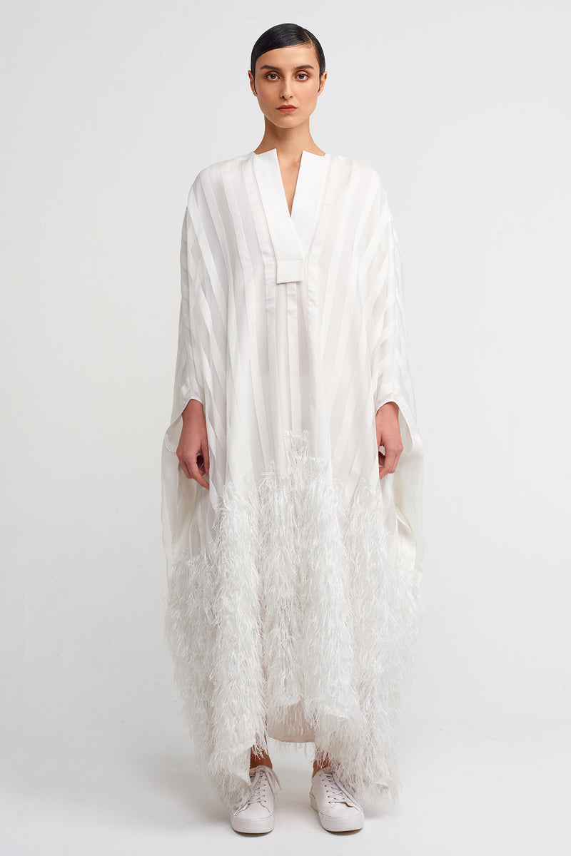 Nu Feathered Hem Long Kaftan Dress Off White