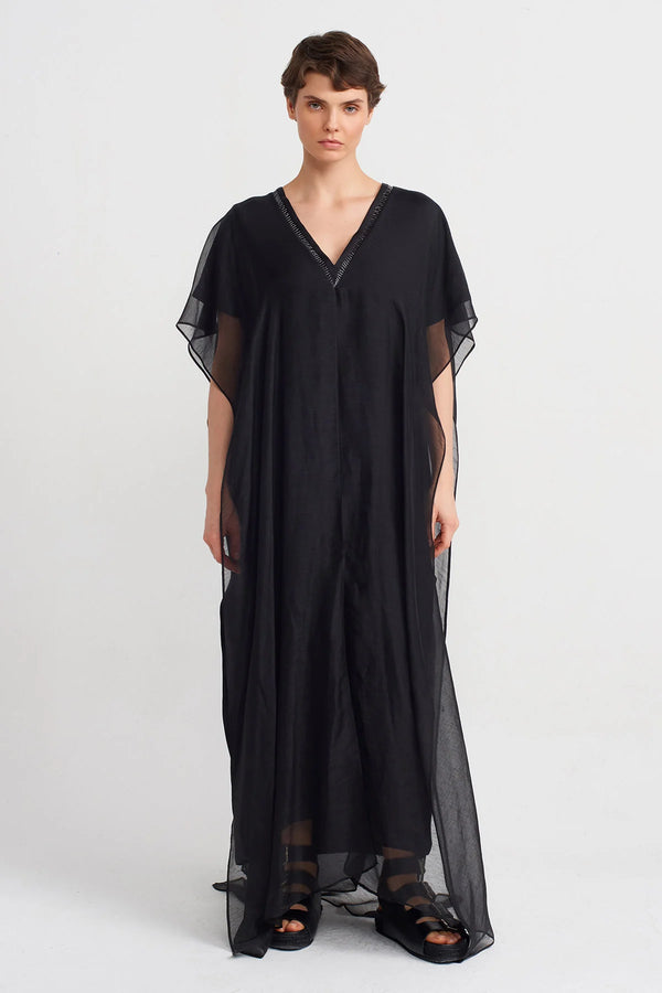 Nu Stitched Collar Long Kaftan Dress Black