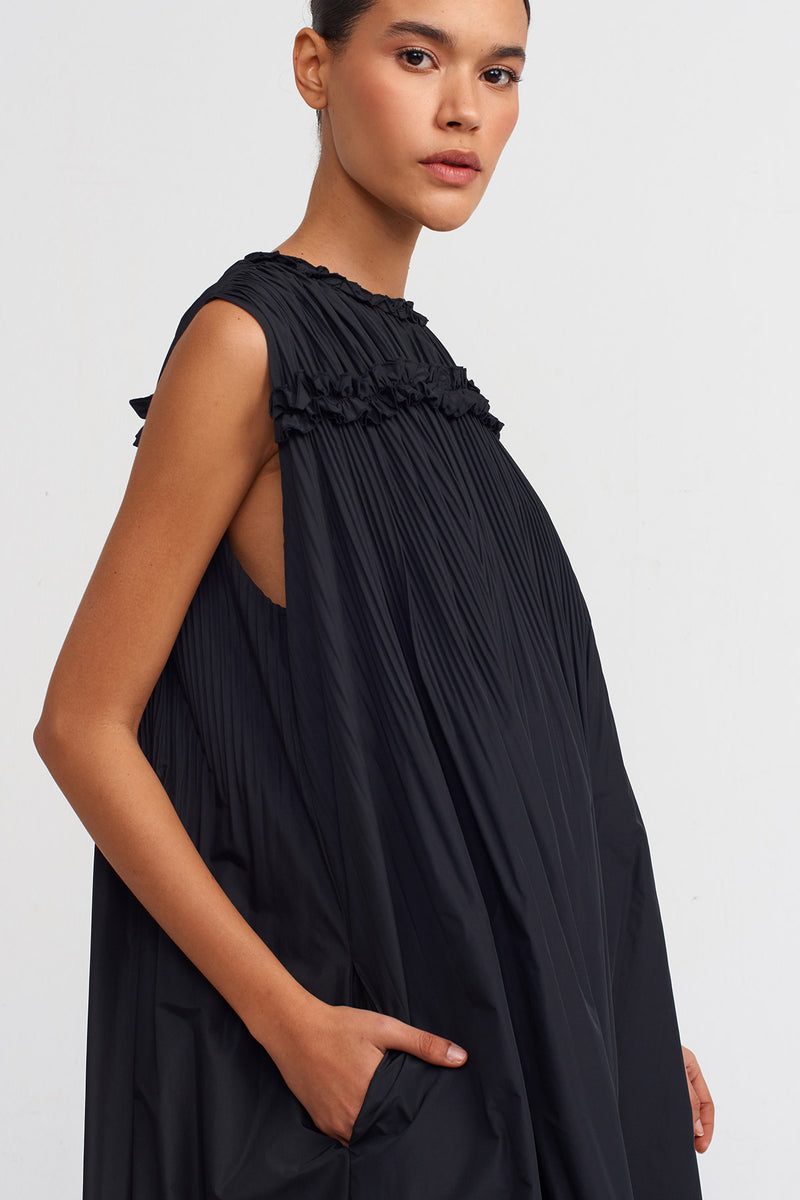 Nu Sleeveless Pleated Taffeta Dress Black