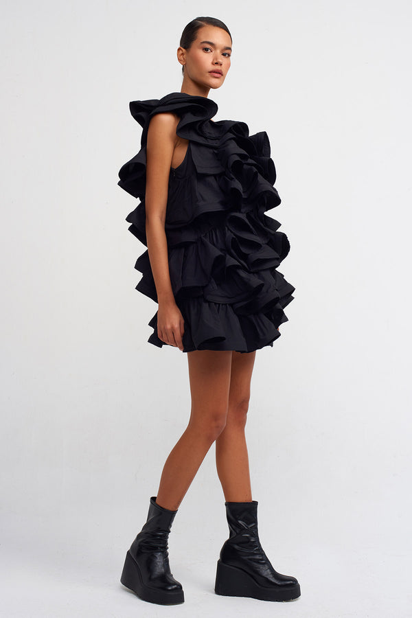 Nu Short Poplin Ruffle Dress Black