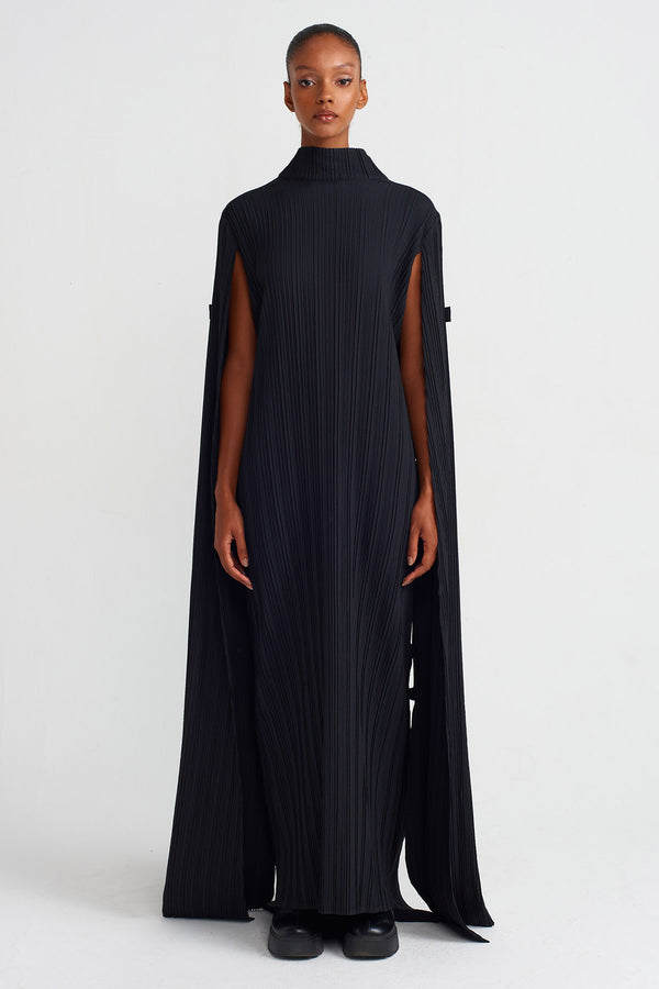 Nu Cape Long Pleated Dress Black