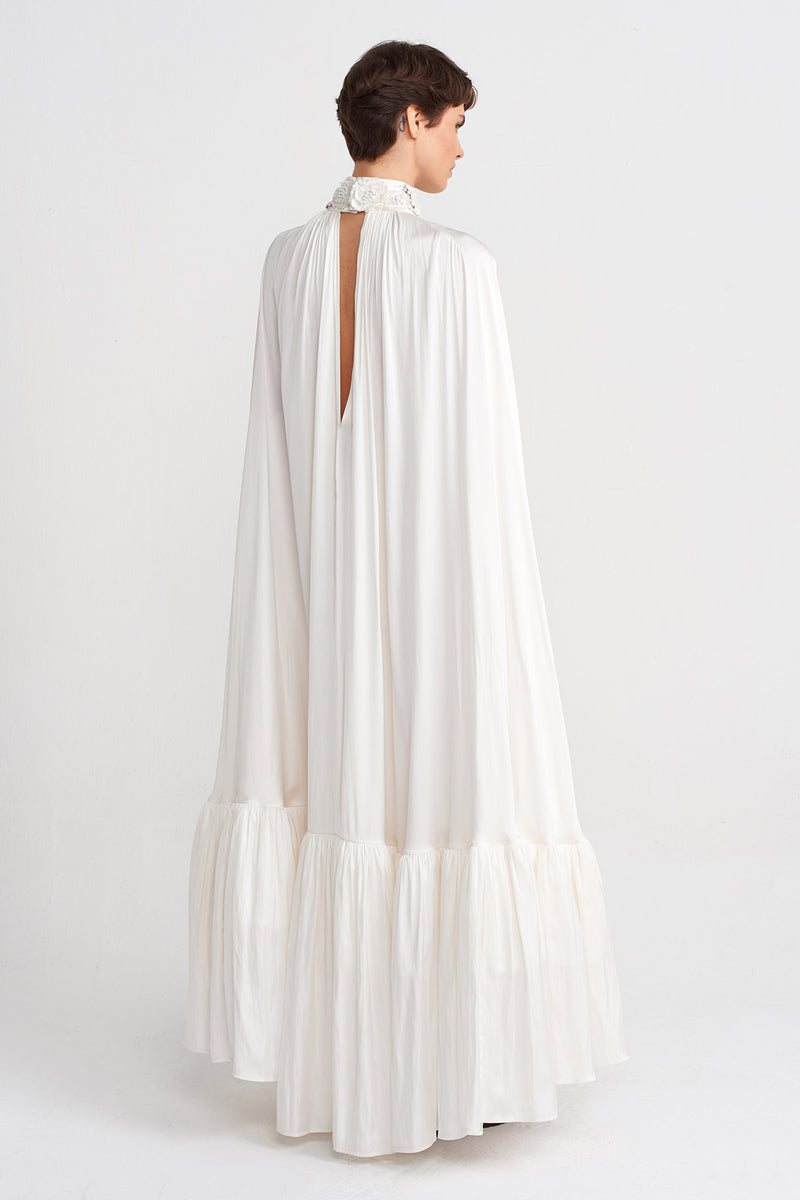 Nu Embroidered Collar, Cape Sleeve Elegant Long Dress Off White