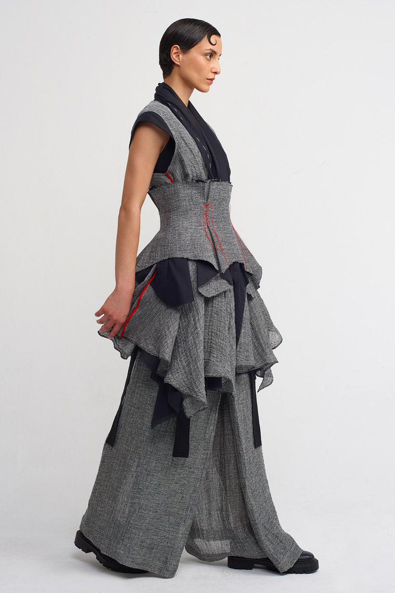 Nu Sleeveless, Shawl Collar Linen Jacket With Veil Detail Black & Grey