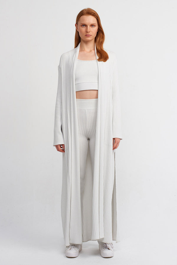 Nu Ribbed Side-Slit Long Cardigan Ice