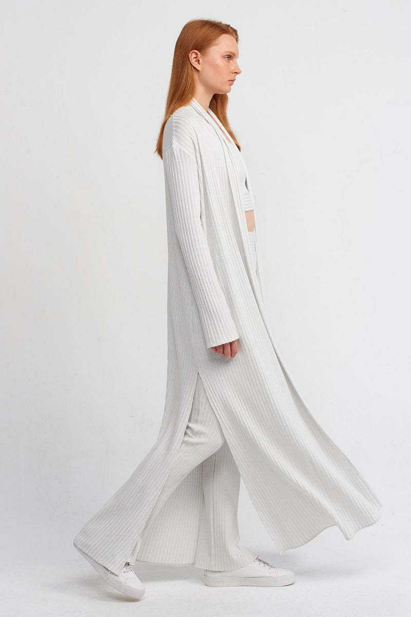 Nu Ribbed Side-Slit Long Cardigan Ice