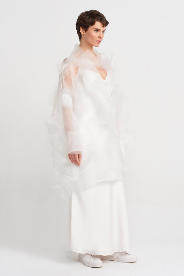 Nu Long Stylish Jacket With Organza Motif Detail Off White