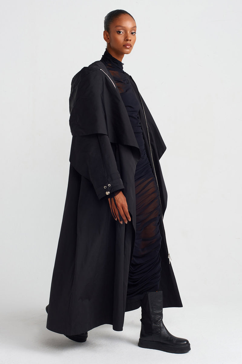 Nu Hooded Long Raincoat Black