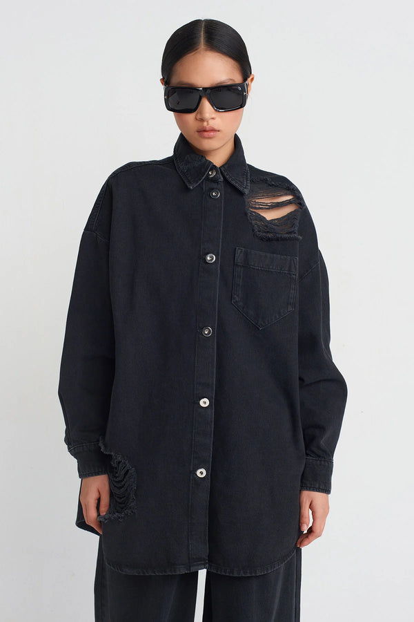 Nu Distressed Denim Shirt Black