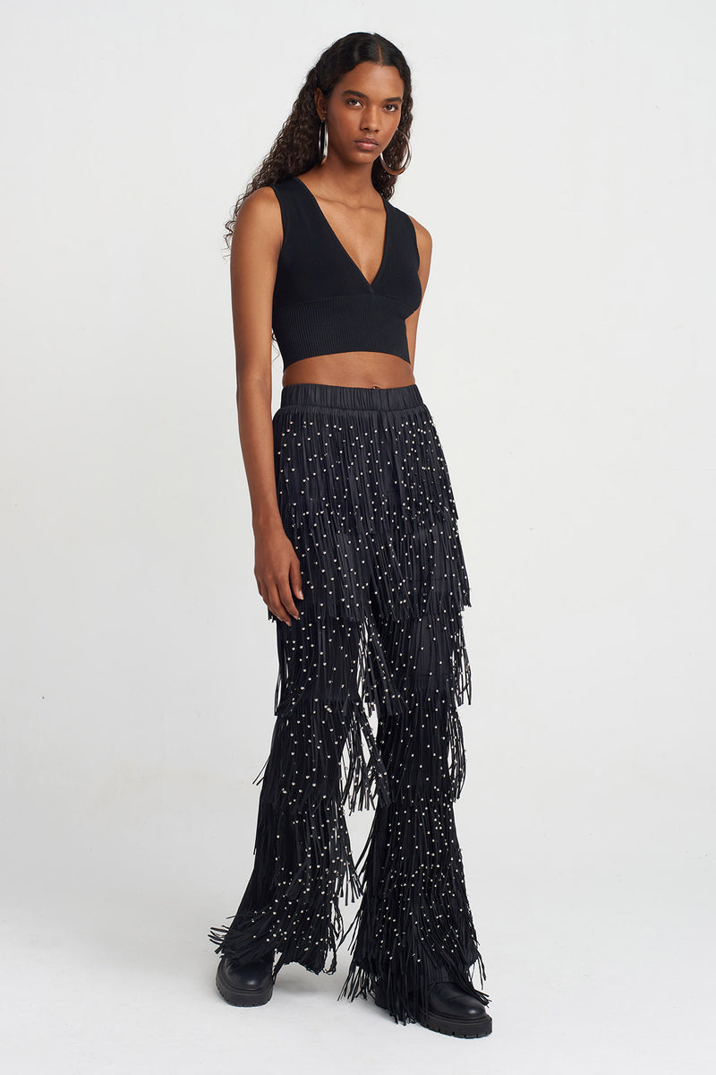 Nu Fringed Pleated Pants Black