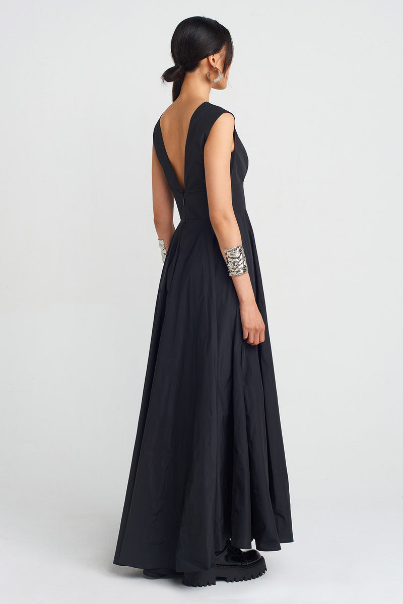 Nu V-Neck Taffeta Long Dress Black