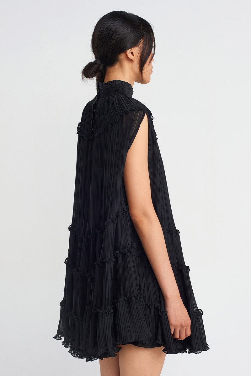 Nu Chiffon Pleated Short Dress Black