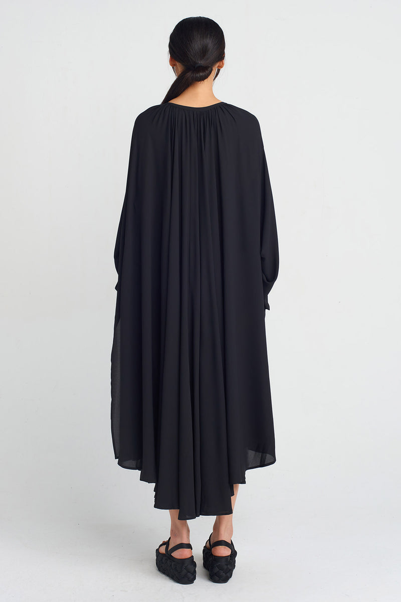 Nu Chiffon Long-Sleeve Midi Dress Black