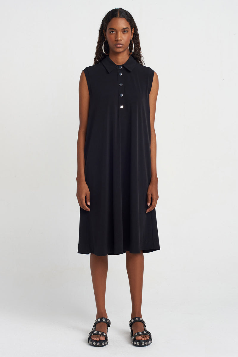 Nu Eyelet Jersey Shirt Collar Dress Black