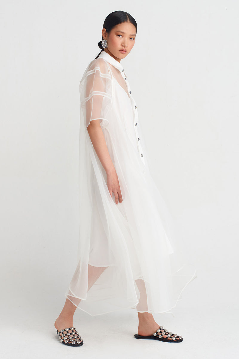 Nu Elegant Shirt Dress With Organza Details Off White