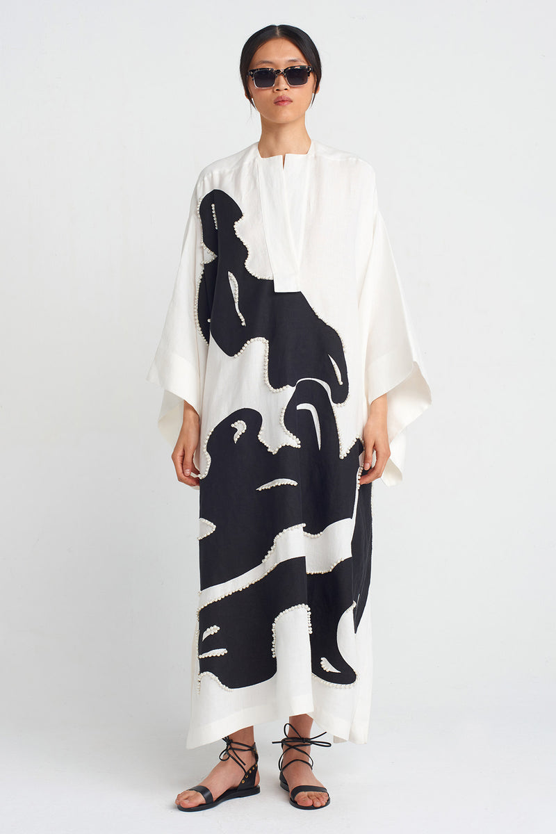 Nu Printed And Pearl Embellished Kaftan Dress Off White/Black